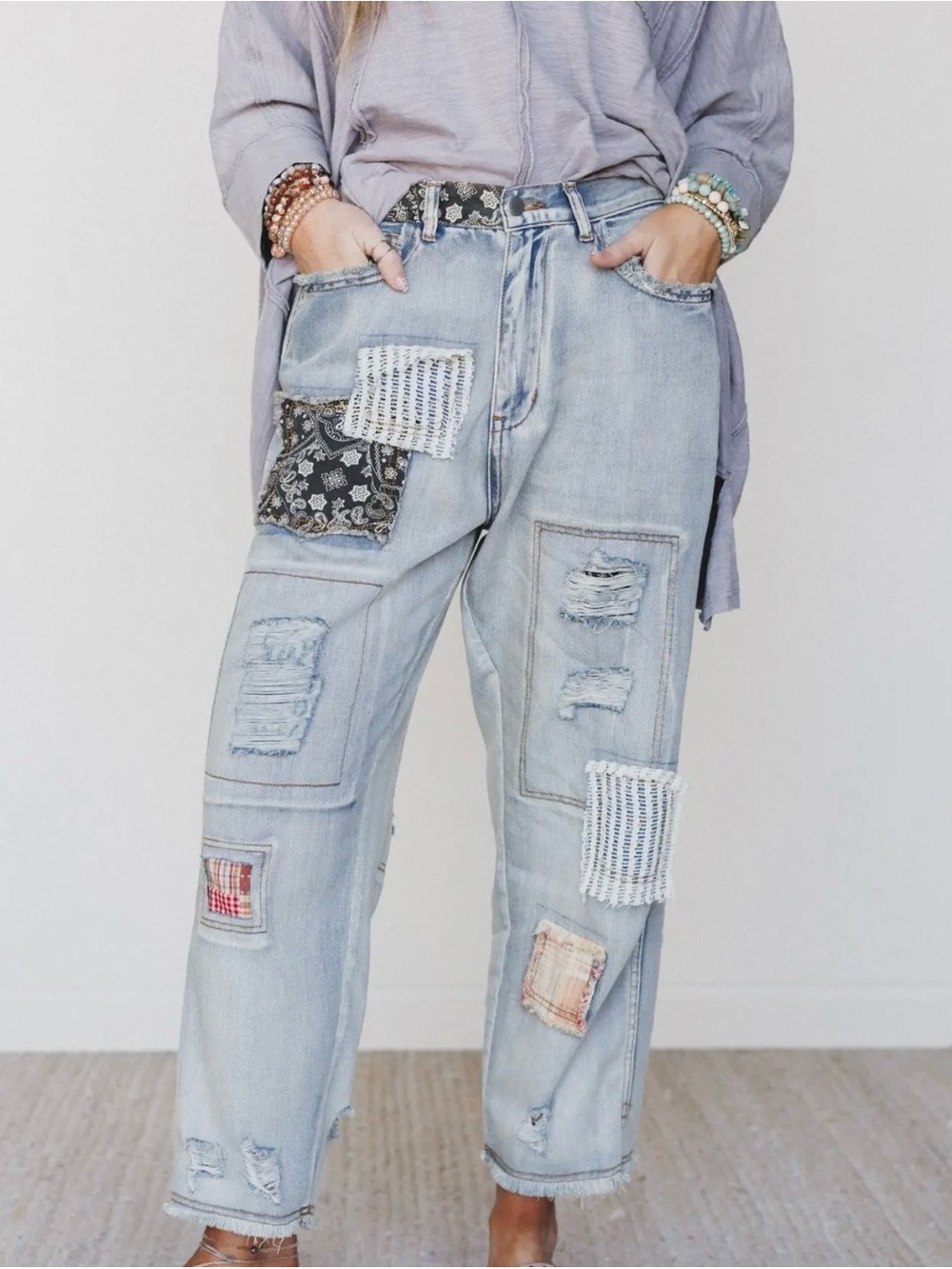 POL Light Blue Distressed Patchwork Relaxed Jeans
